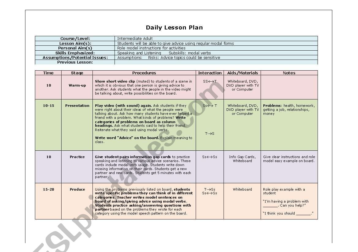 Giving Advice worksheet