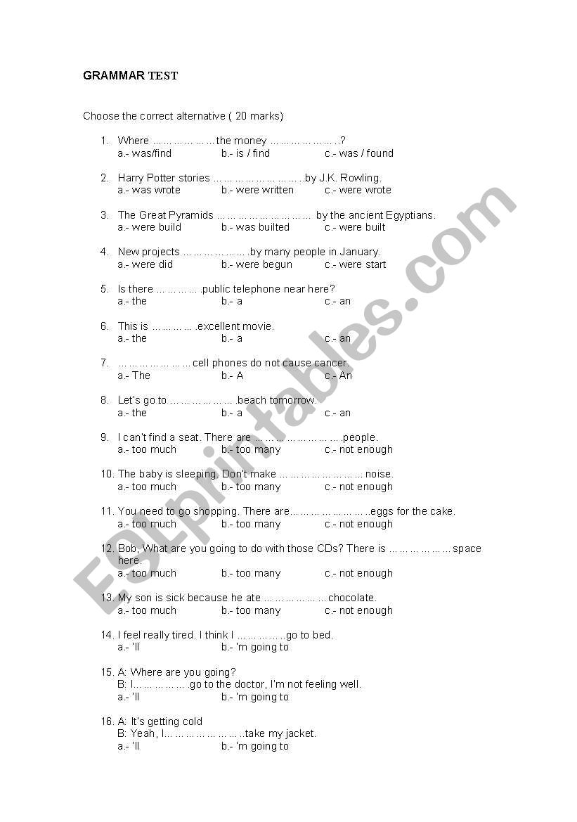 GRAMMAR TEST FOR LEVELS worksheet