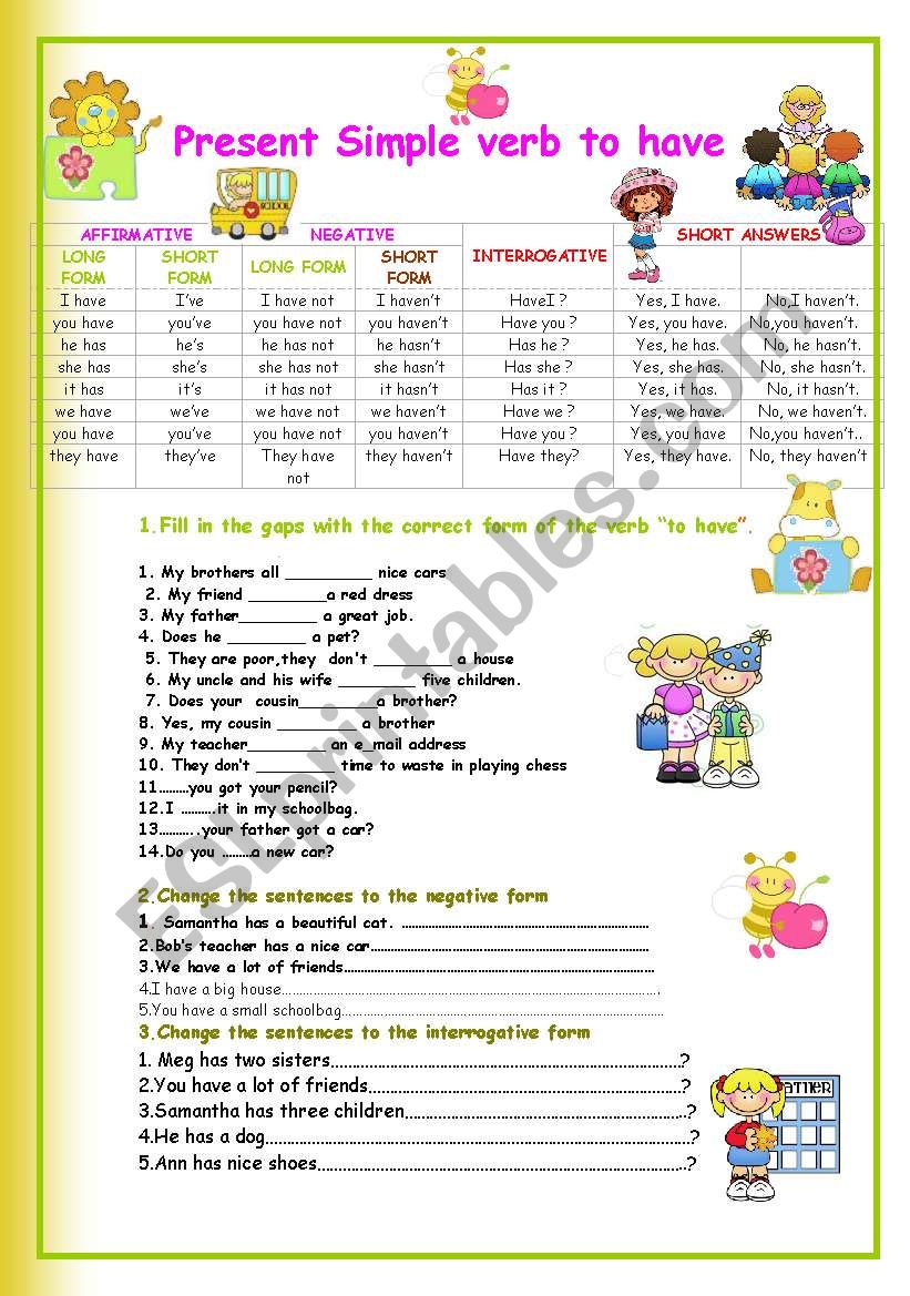 PRESENT SIMPLE VERB TO HAVE worksheet