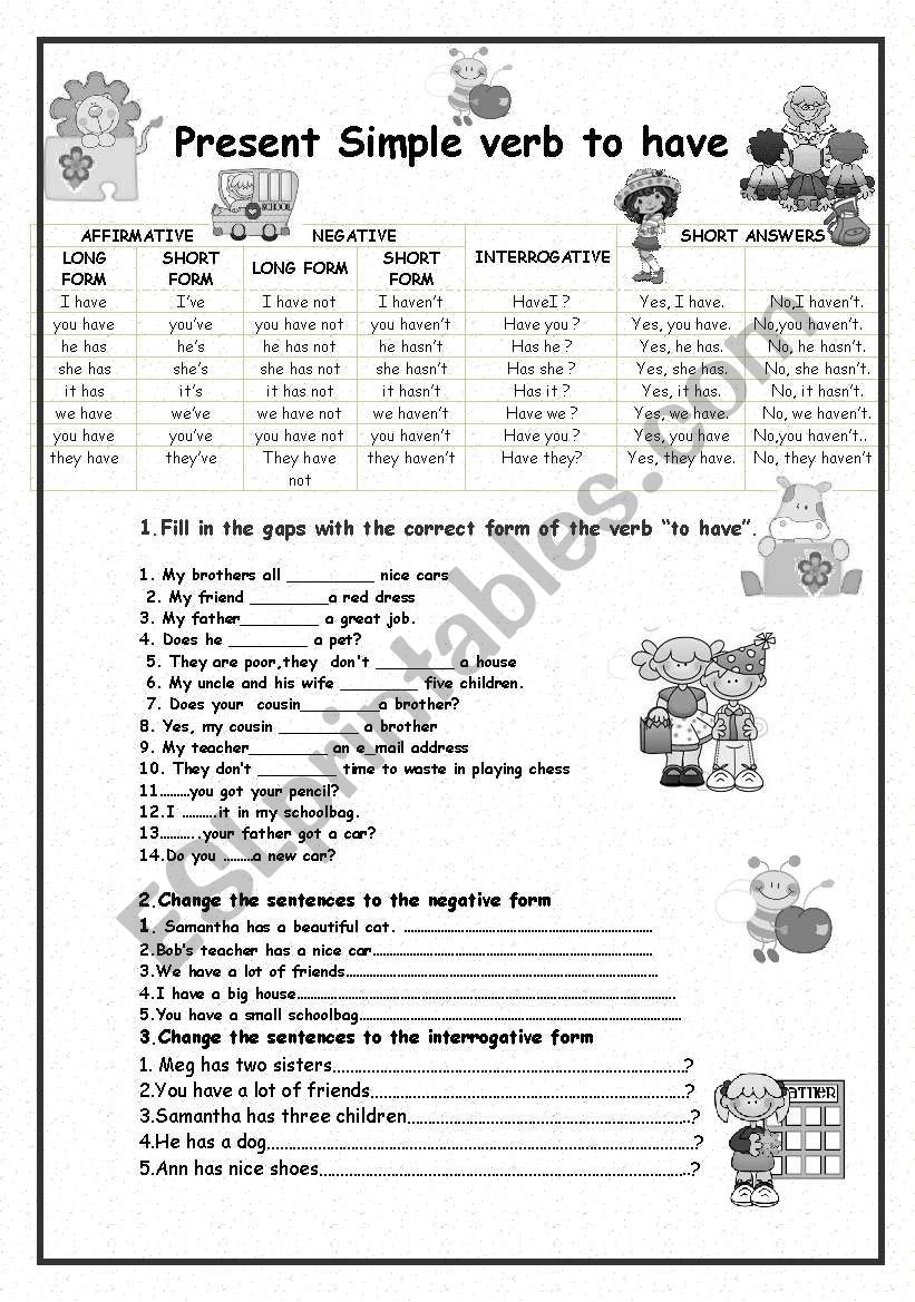 PRESENT SIMPLE VERB TO HAVE worksheet