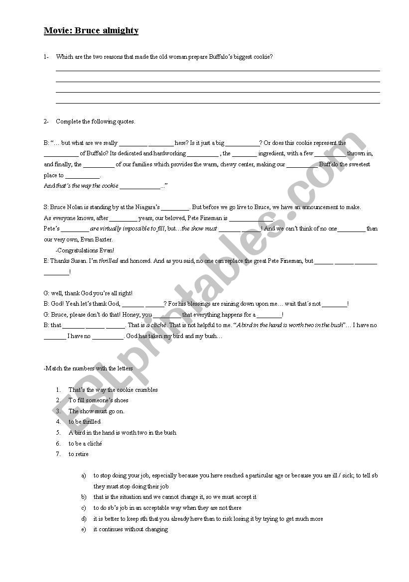 Bruce almighty worksheet
