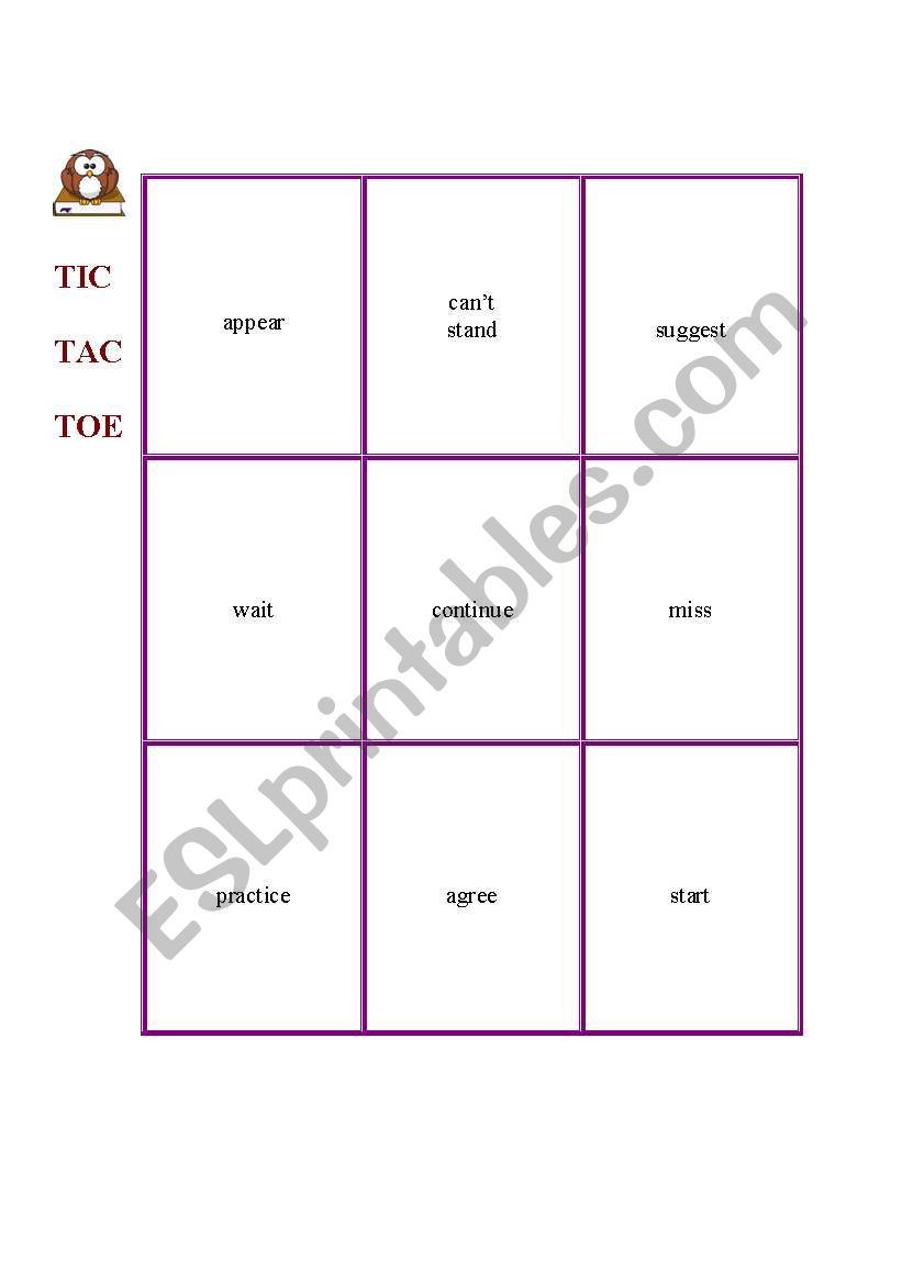 Tic-Tac-Toe for Gerund and Infinitive practice