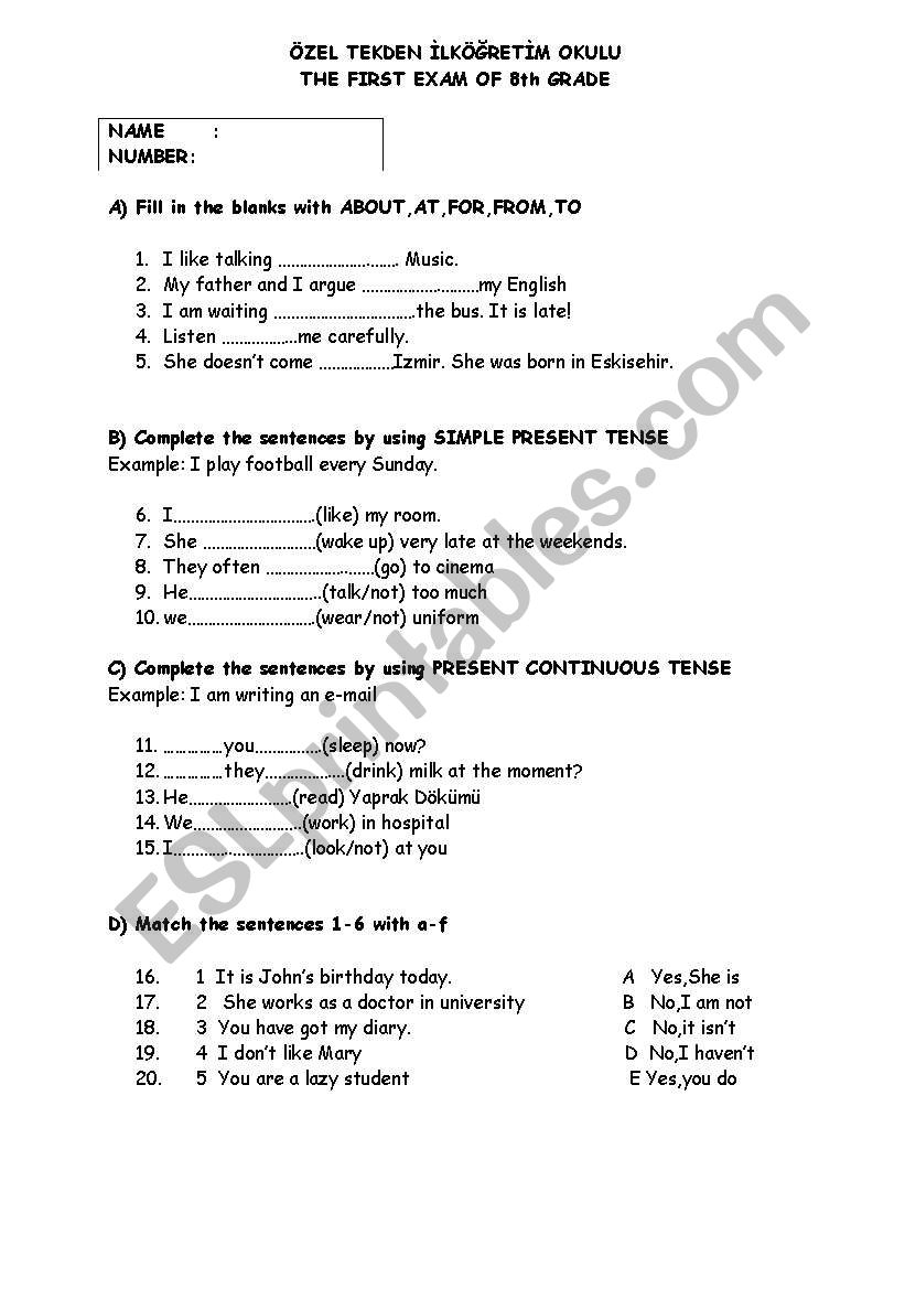 grammer exam worksheet