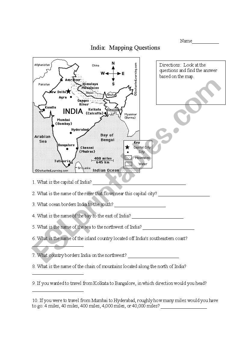 India Mapping Questions worksheet