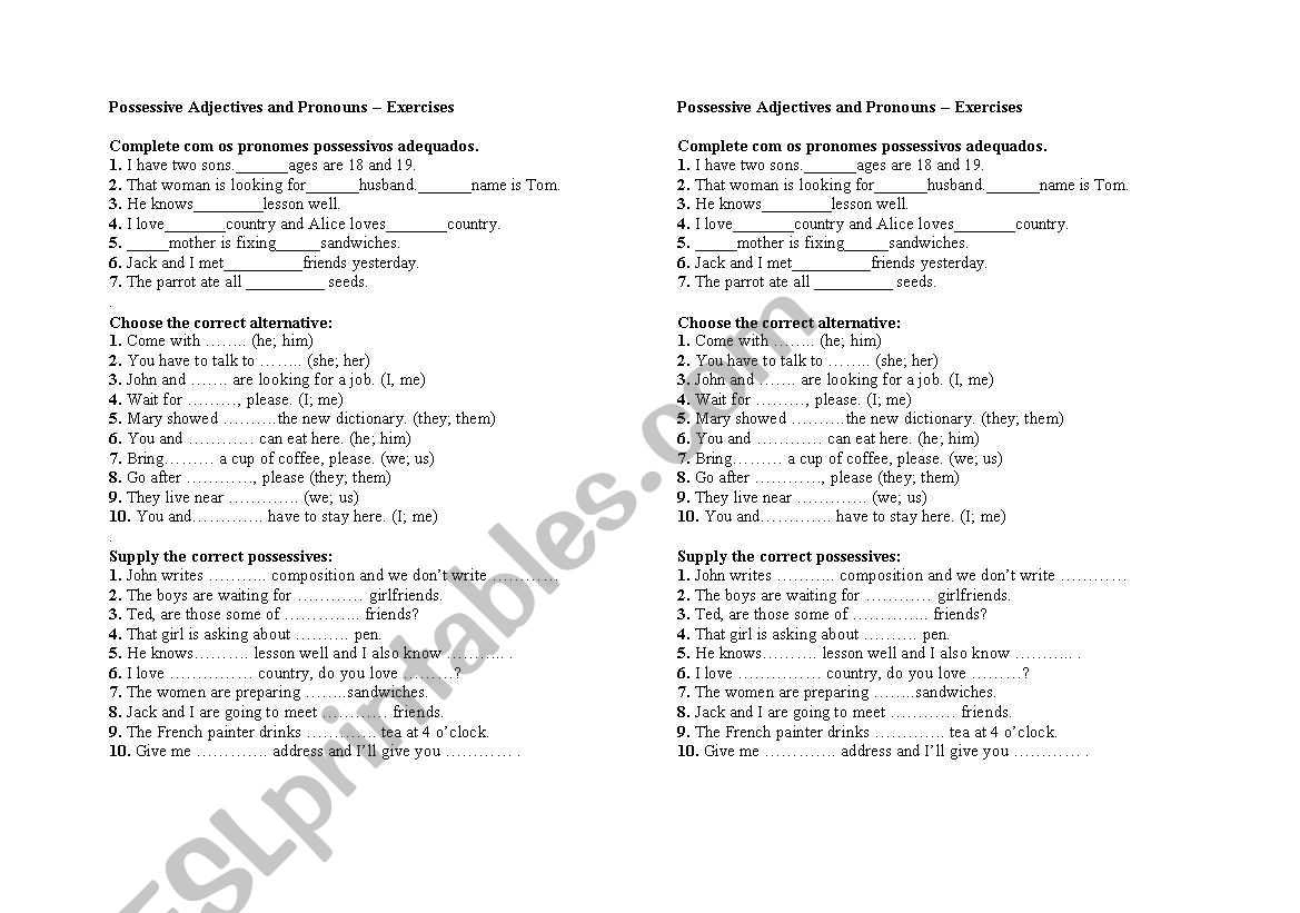 posessives adjectives  worksheet