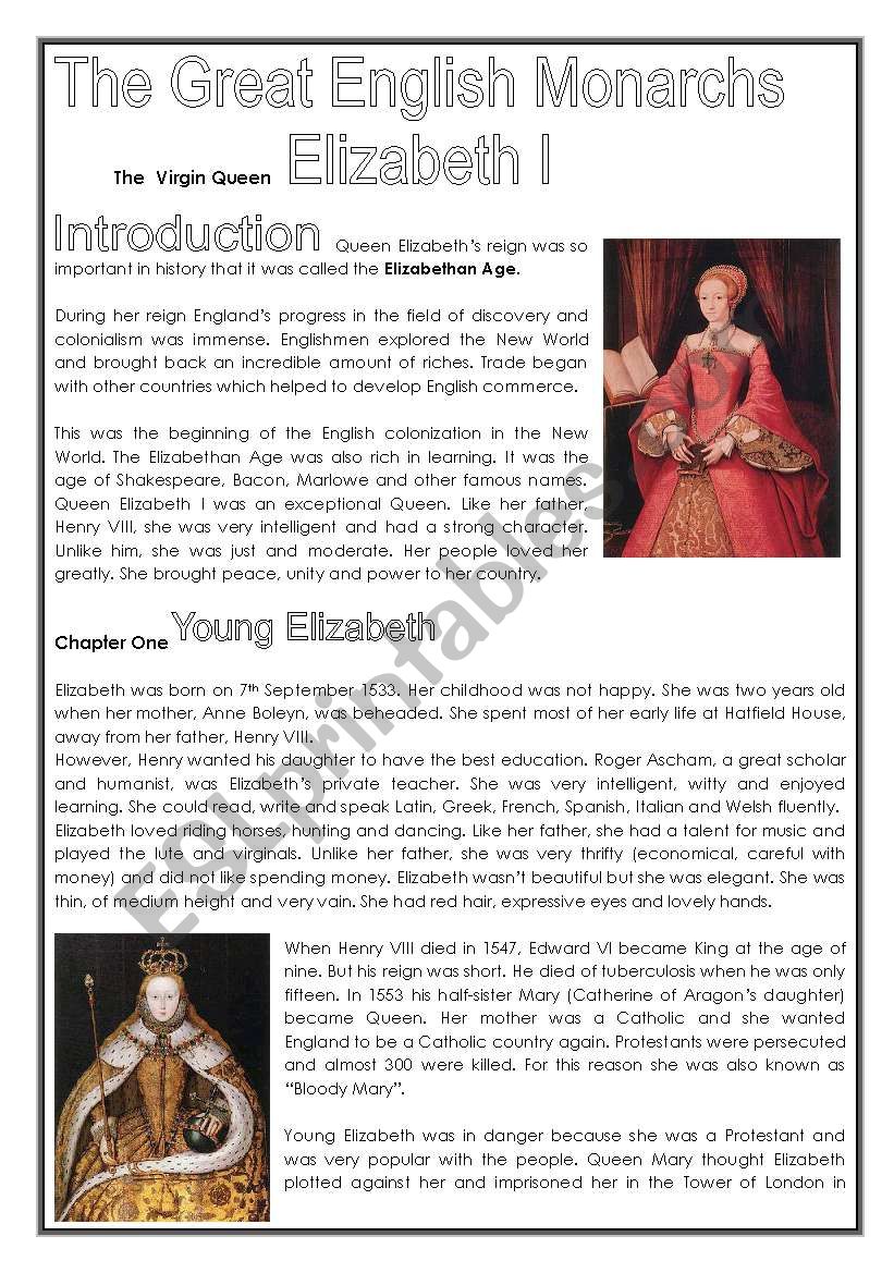 Queen Elizabeth I (2nd part of history series - four pages)