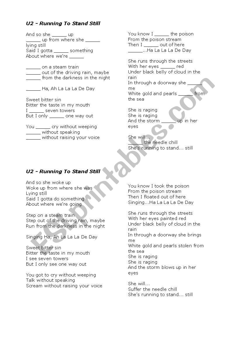 U2 - Running To Stand Still worksheet