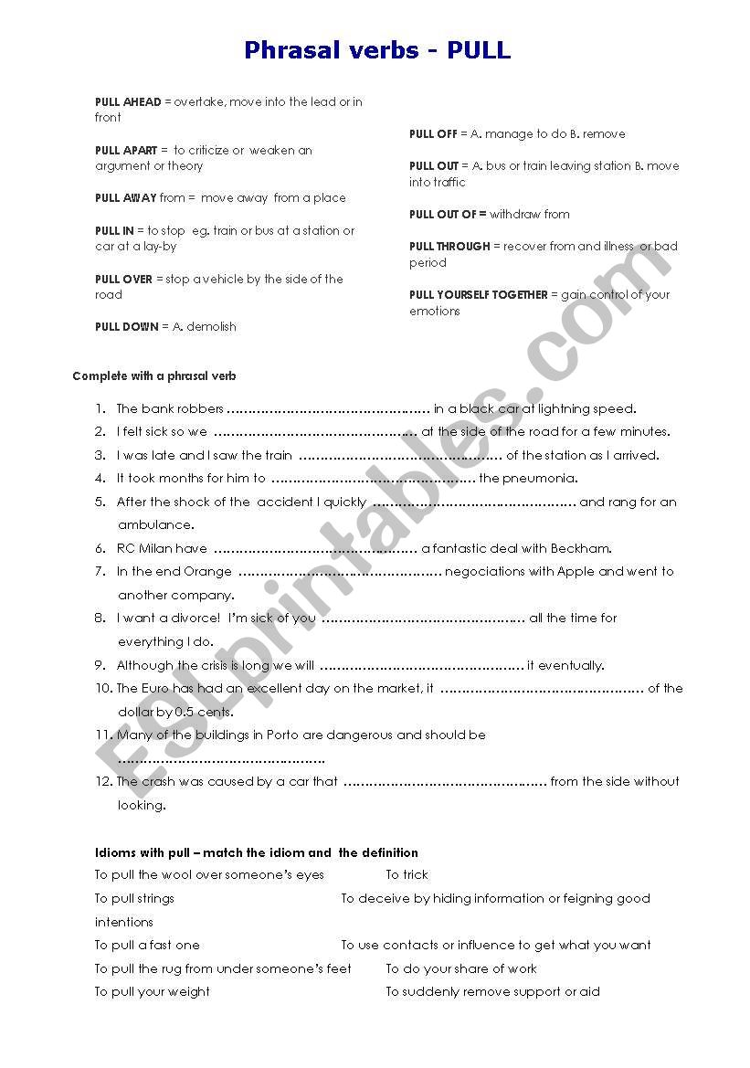 PULL  phrasal verbs worksheet