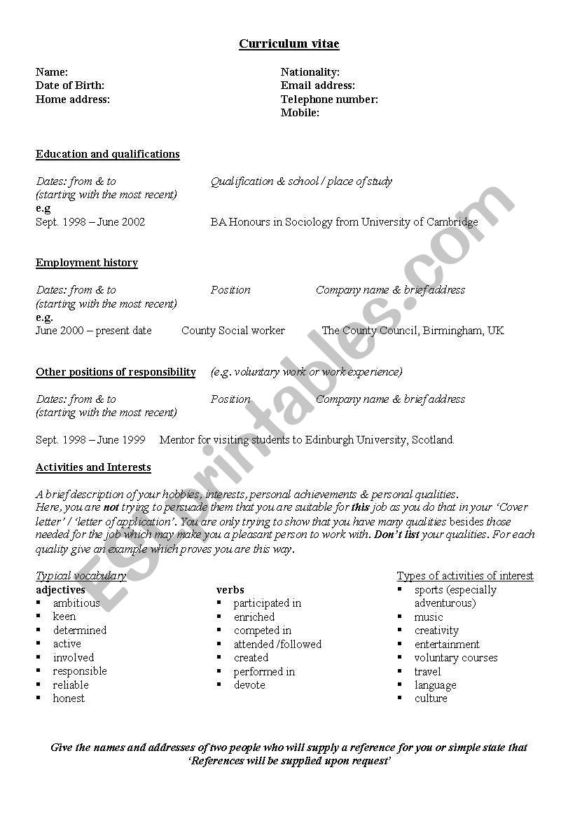 CV layout worksheet