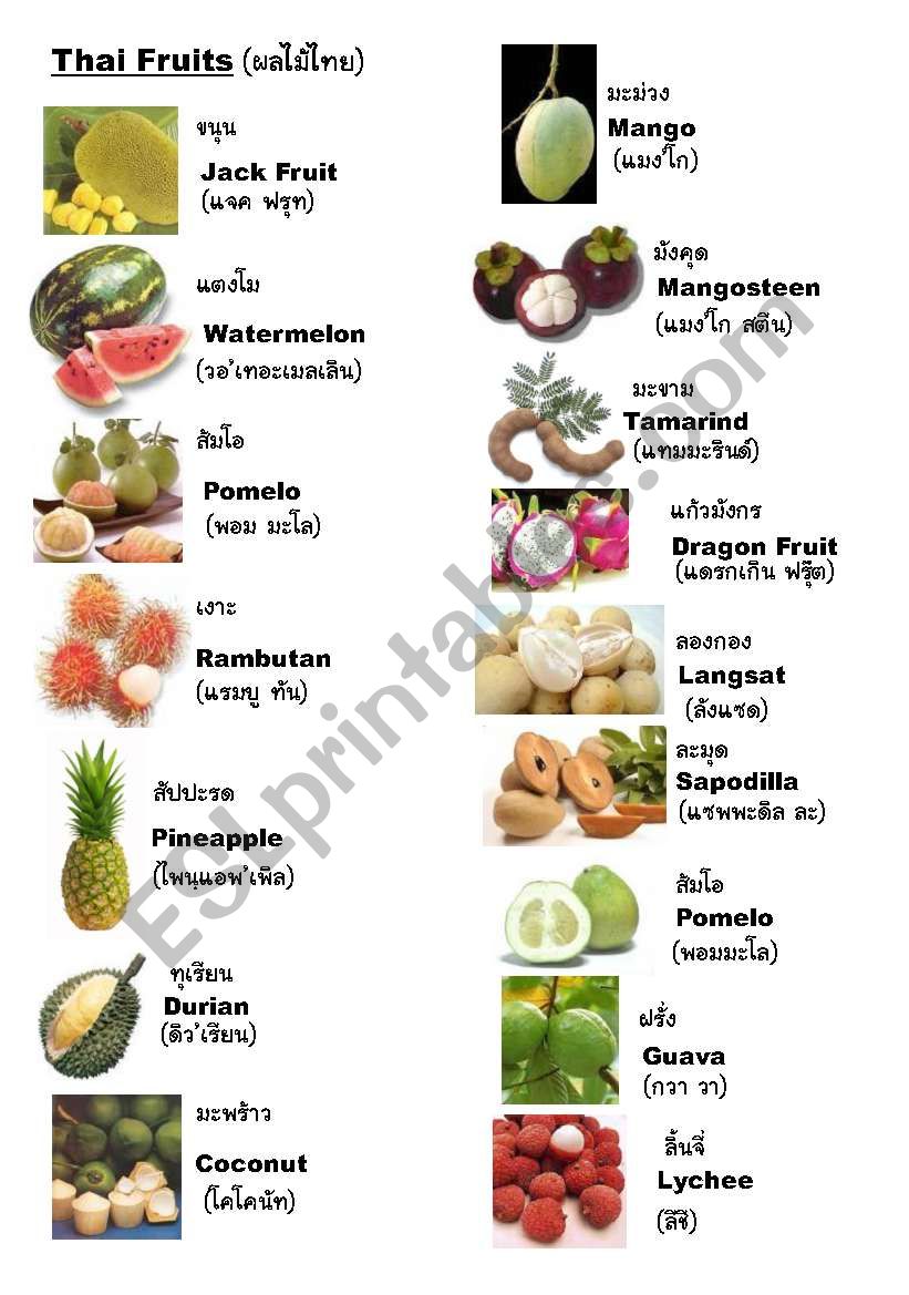 Thai Fruits Summary Sheet worksheet