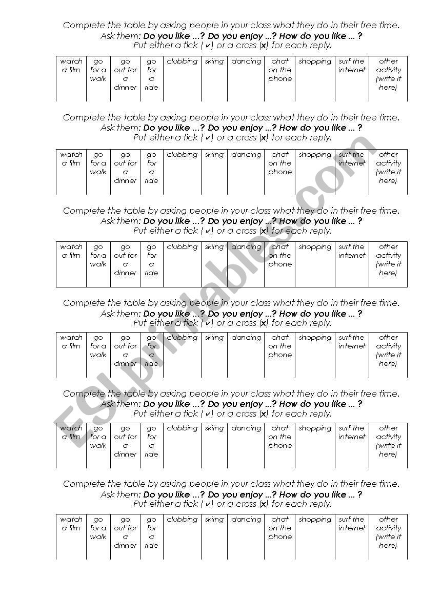 Free time survey worksheet