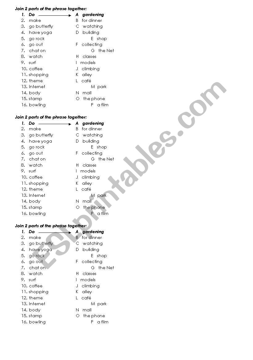 Hobbies worksheet