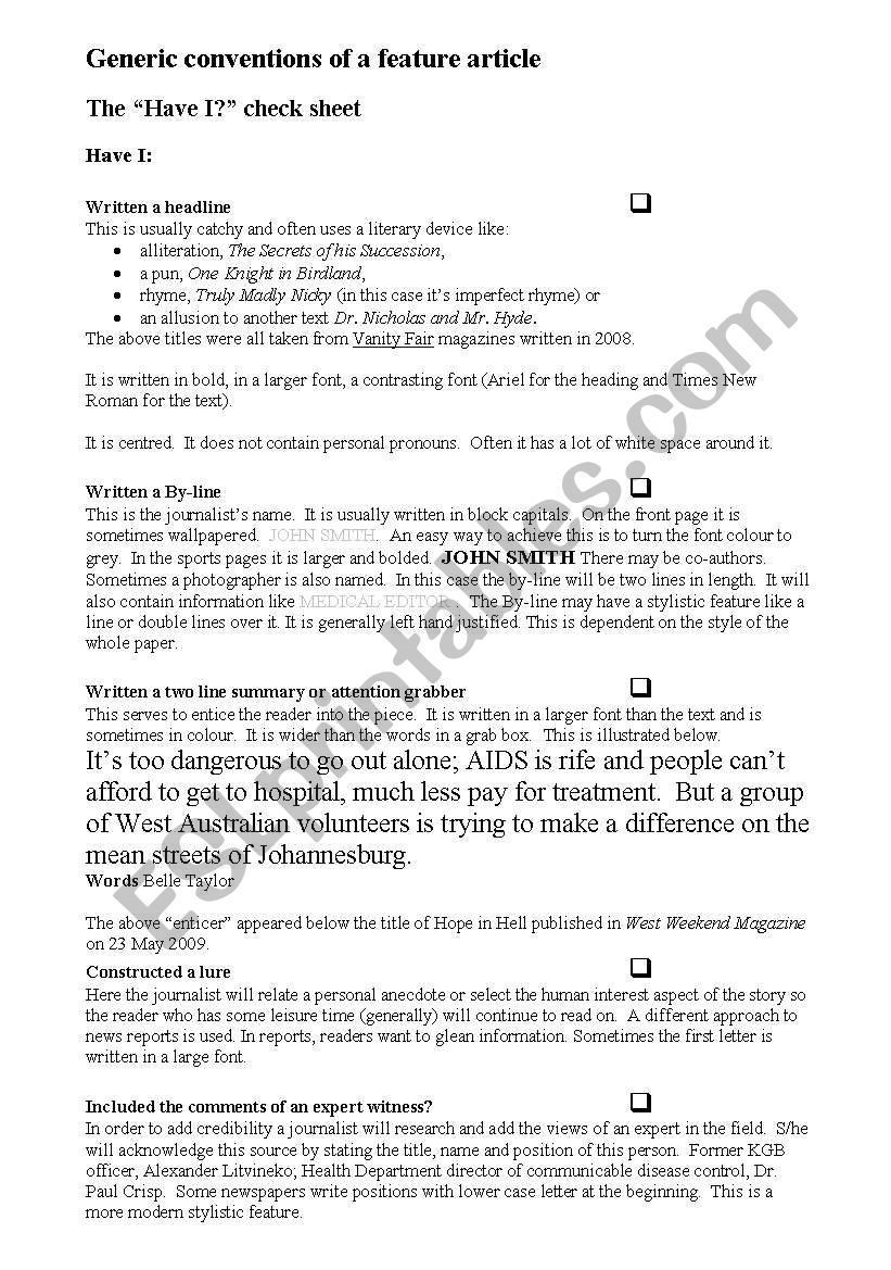 Feature Article Checklist worksheet