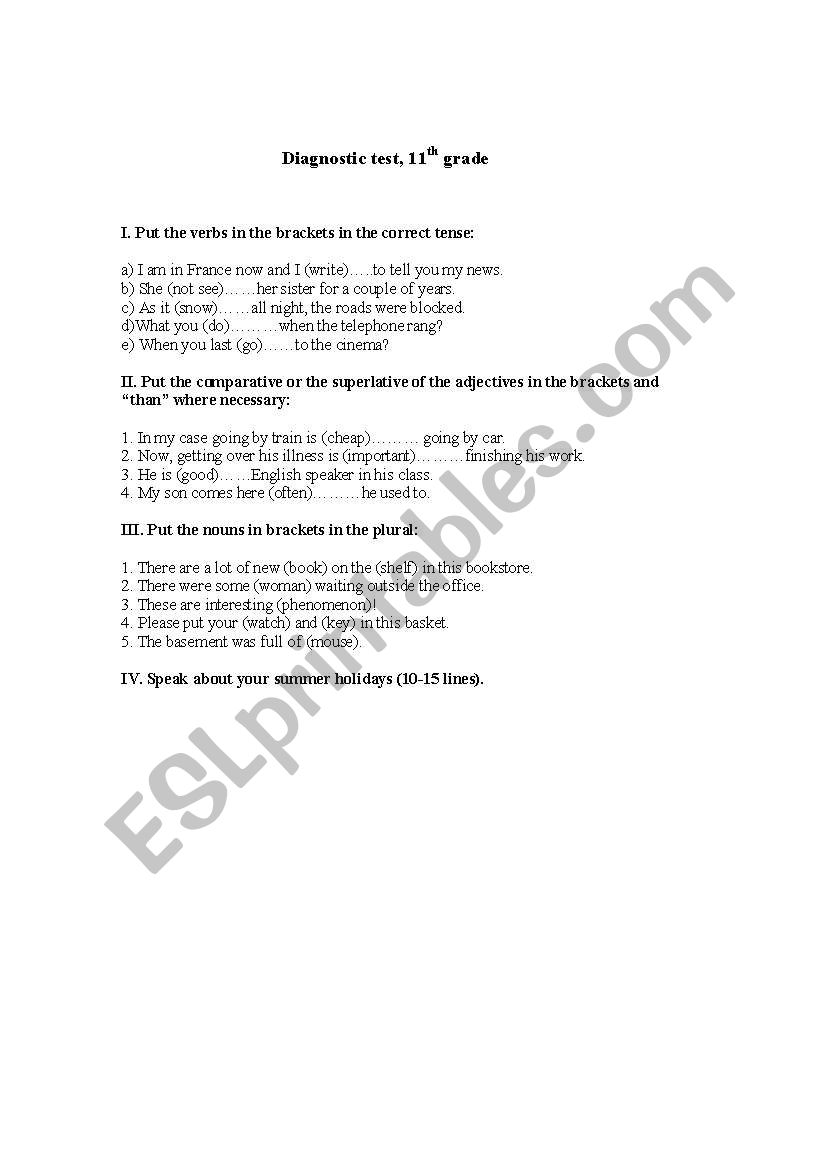 diagnostic test, 11th grade worksheet