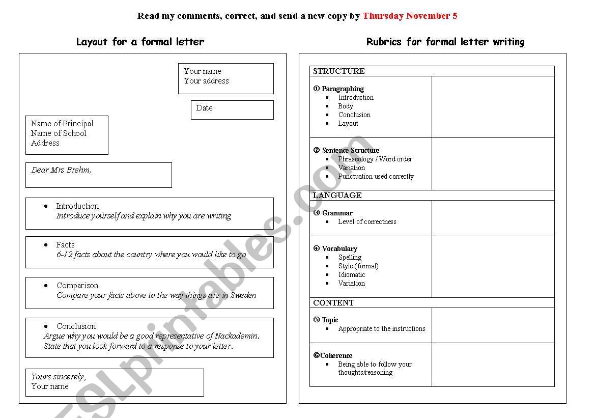 Layout and rubrics for formal letters