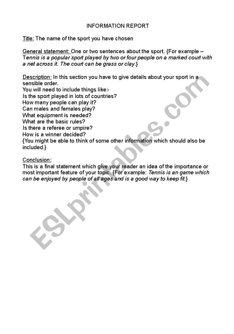 Writing an information report worksheet