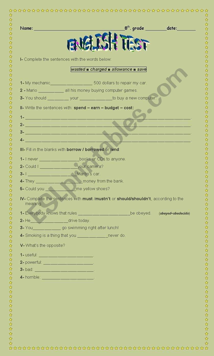 Test - 8th. grade worksheet