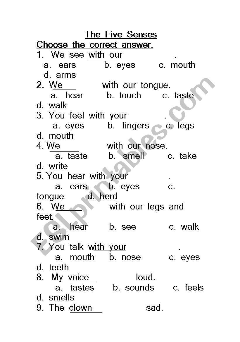 Exam about five sense worksheet