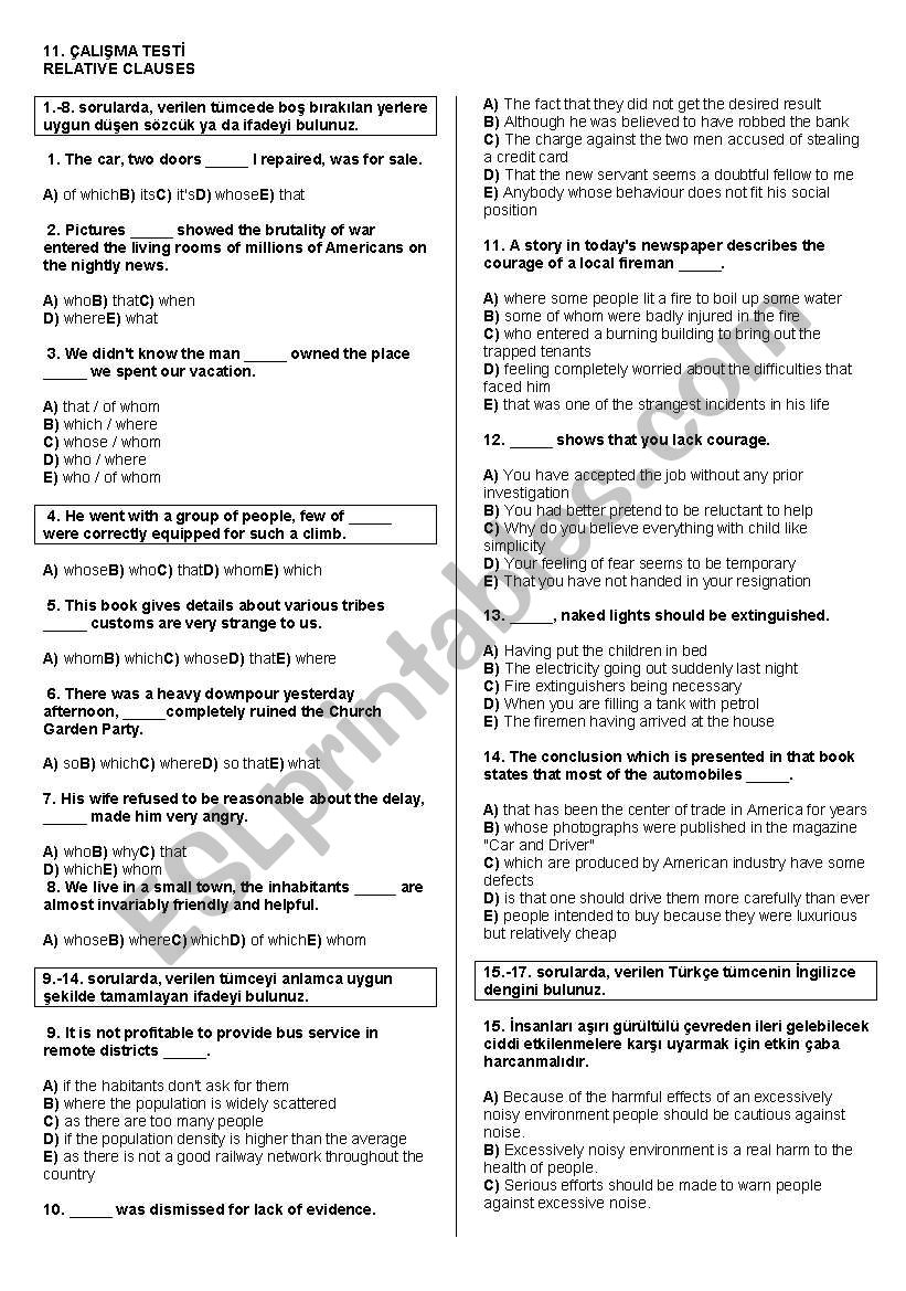 relative clauses worksheet