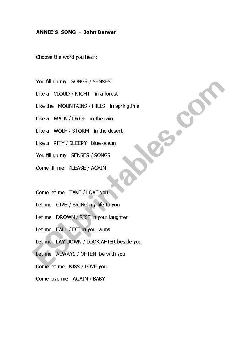 ANNIES SONG by John Denver worksheet