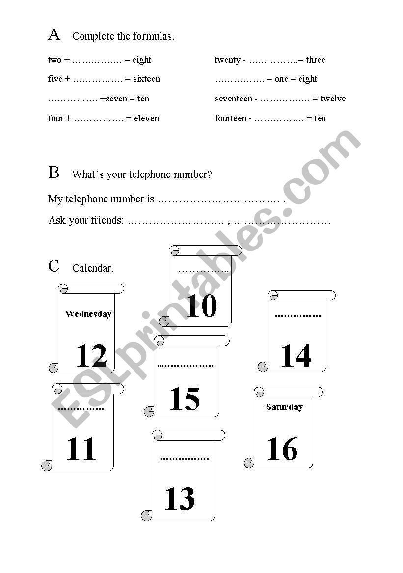 Numbers 1-20 plus the week worksheet