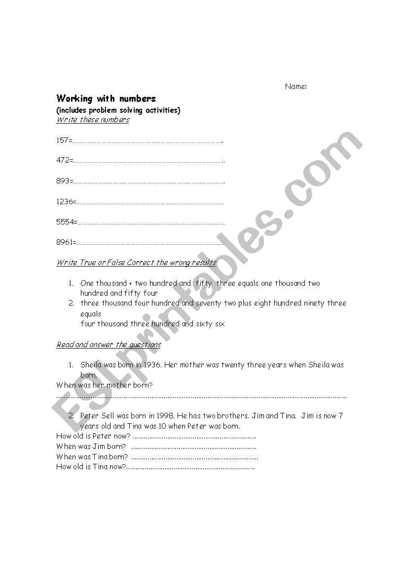 Numbers worksheet