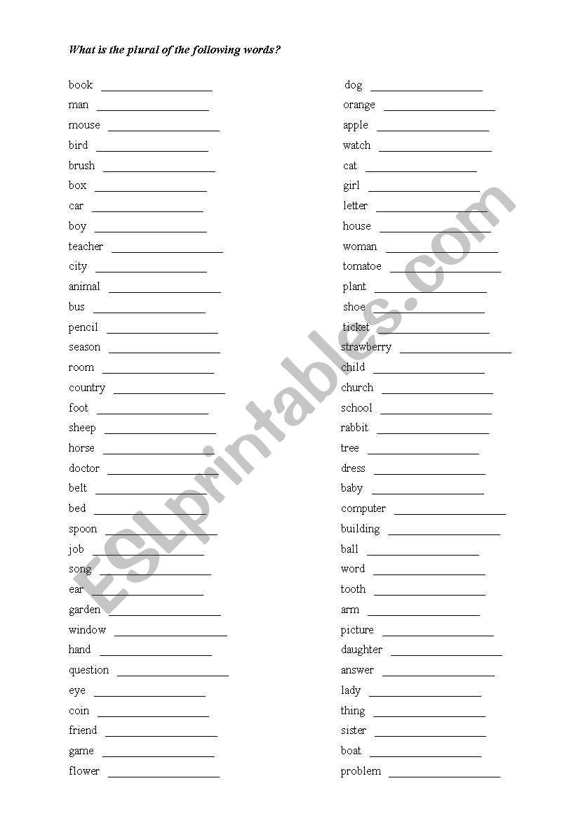 Plural forms worksheet