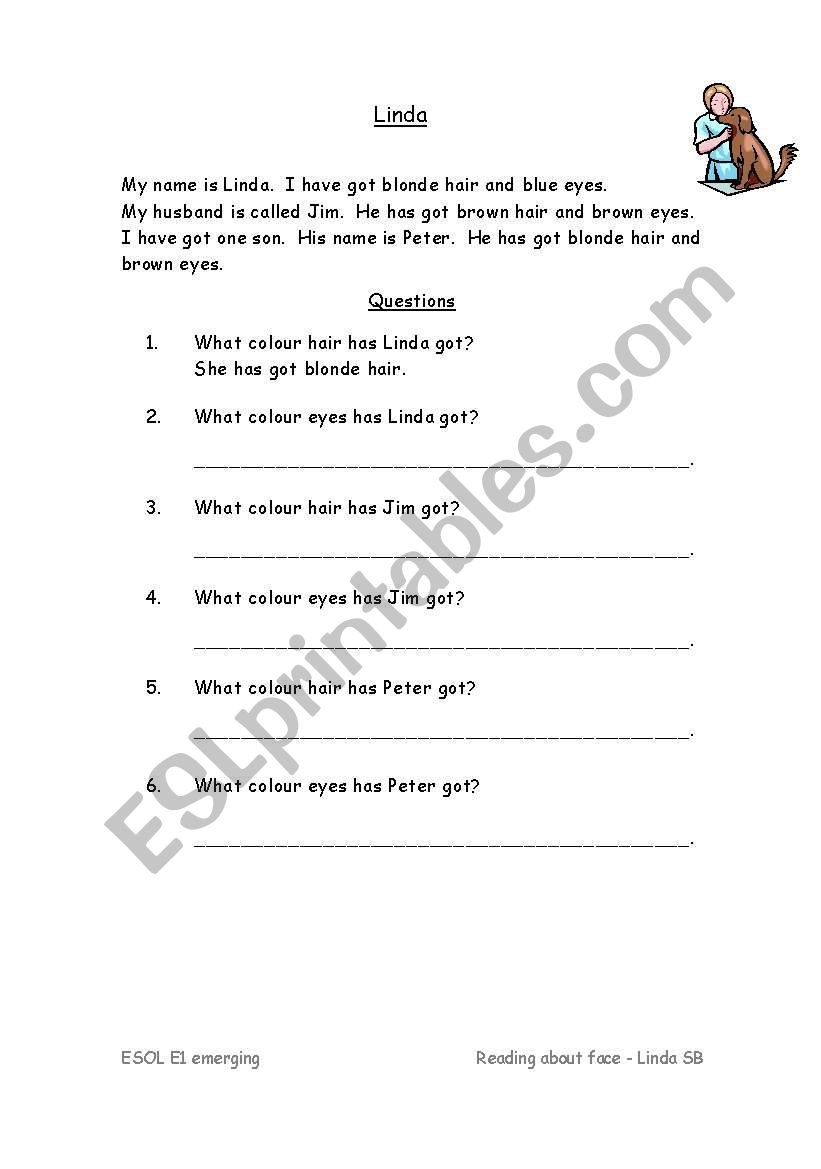Reading about my face worksheet