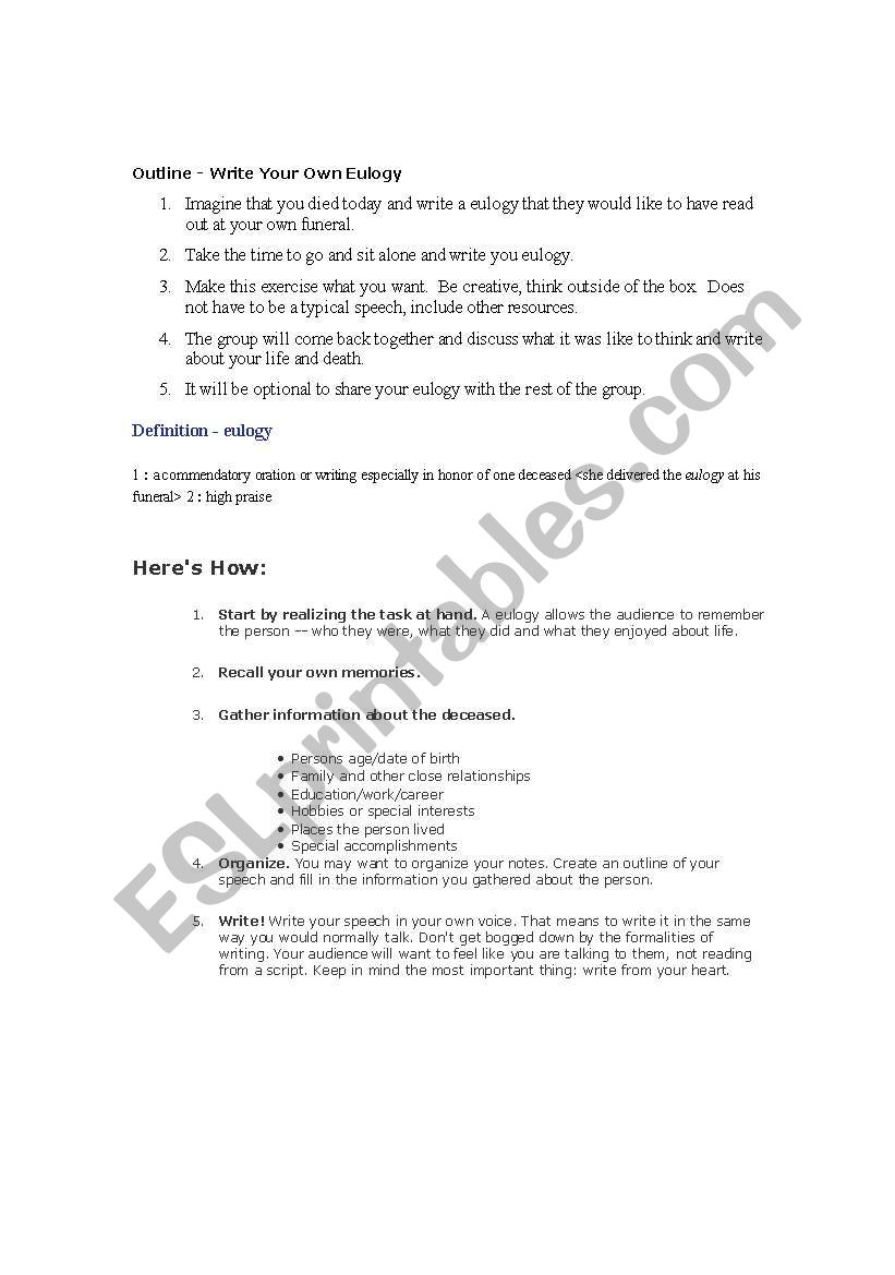 Eulogy worksheet