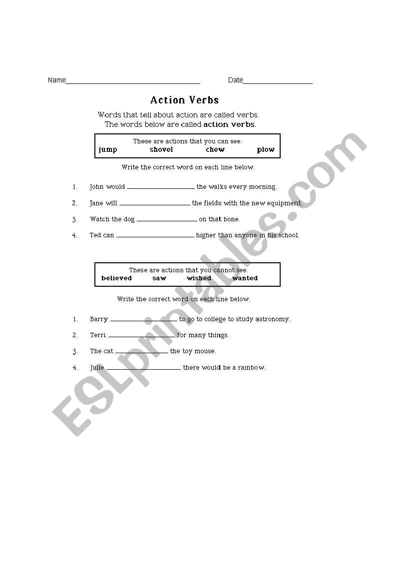 action verbs worksheet