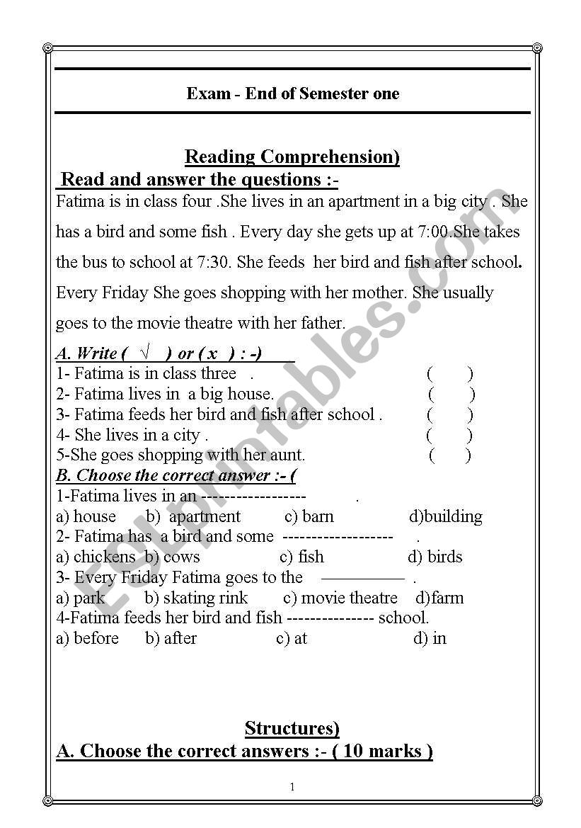 reading  passage worksheet