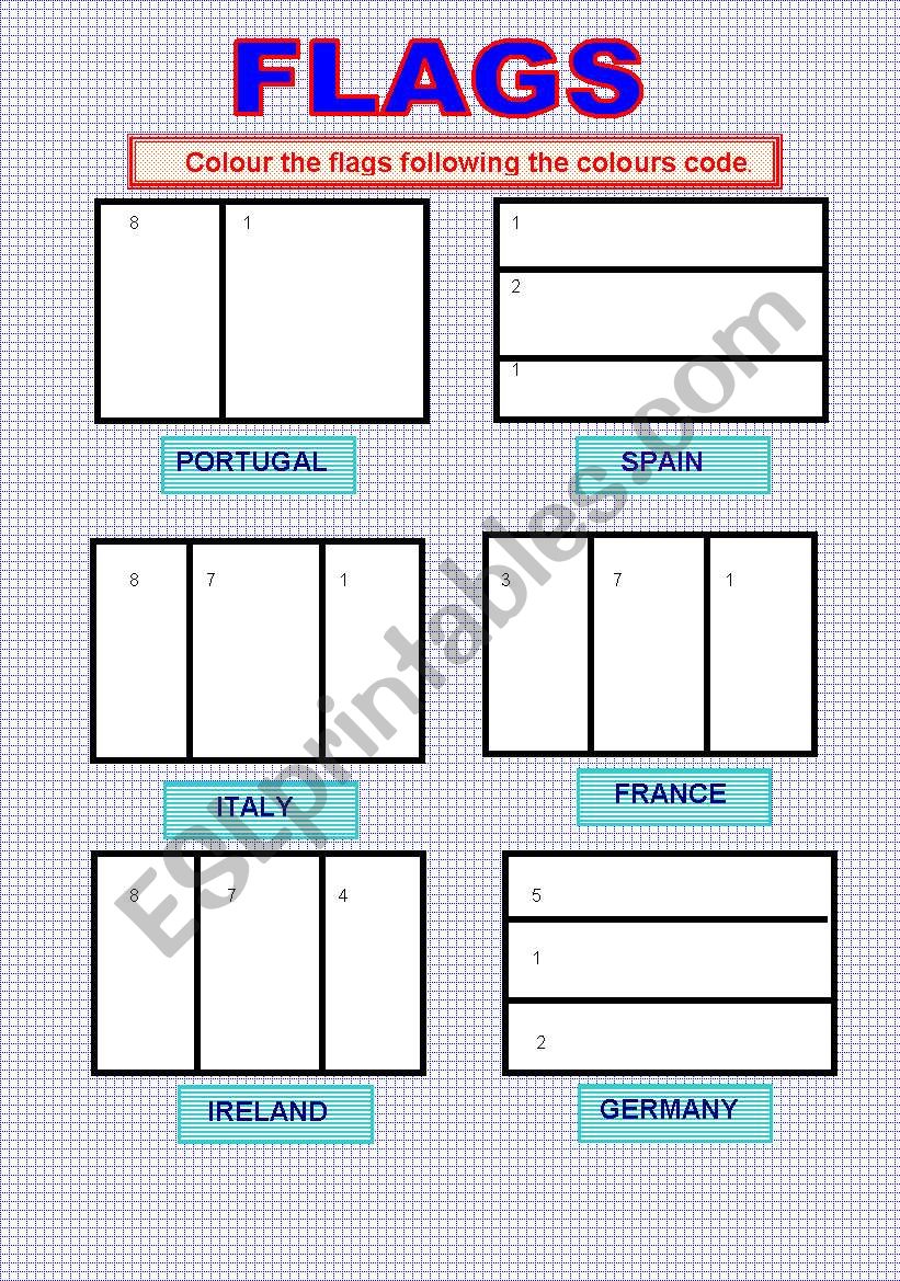 Colour by number flags. worksheet