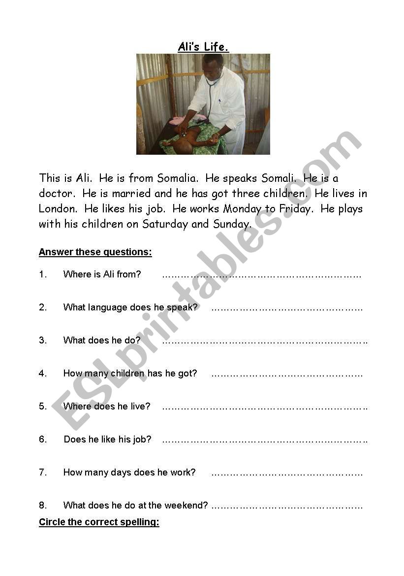 Alis Life worksheet