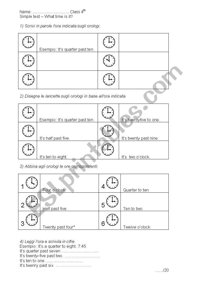 Simple test about time  worksheet
