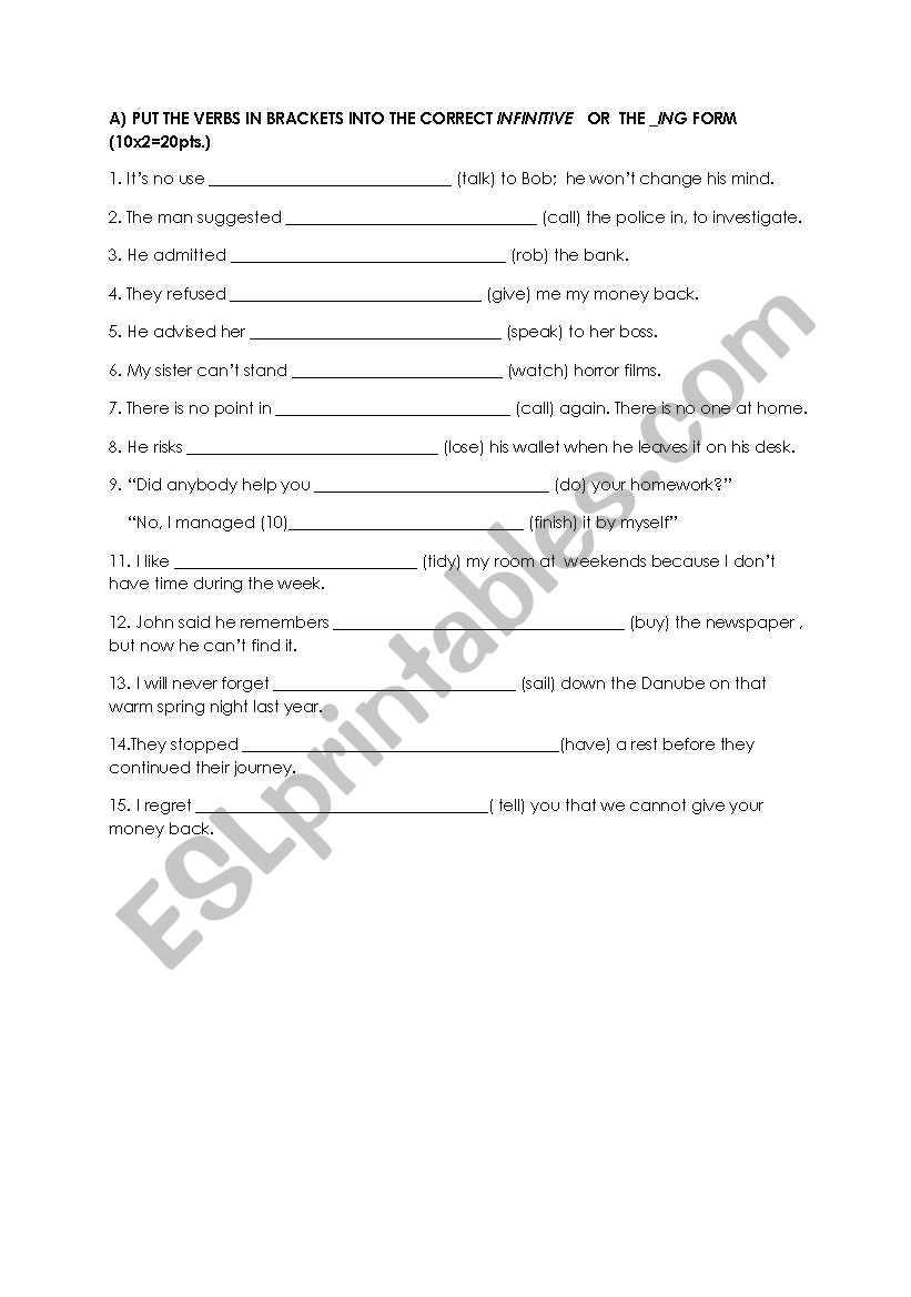 gerunds - infinitives worksheet