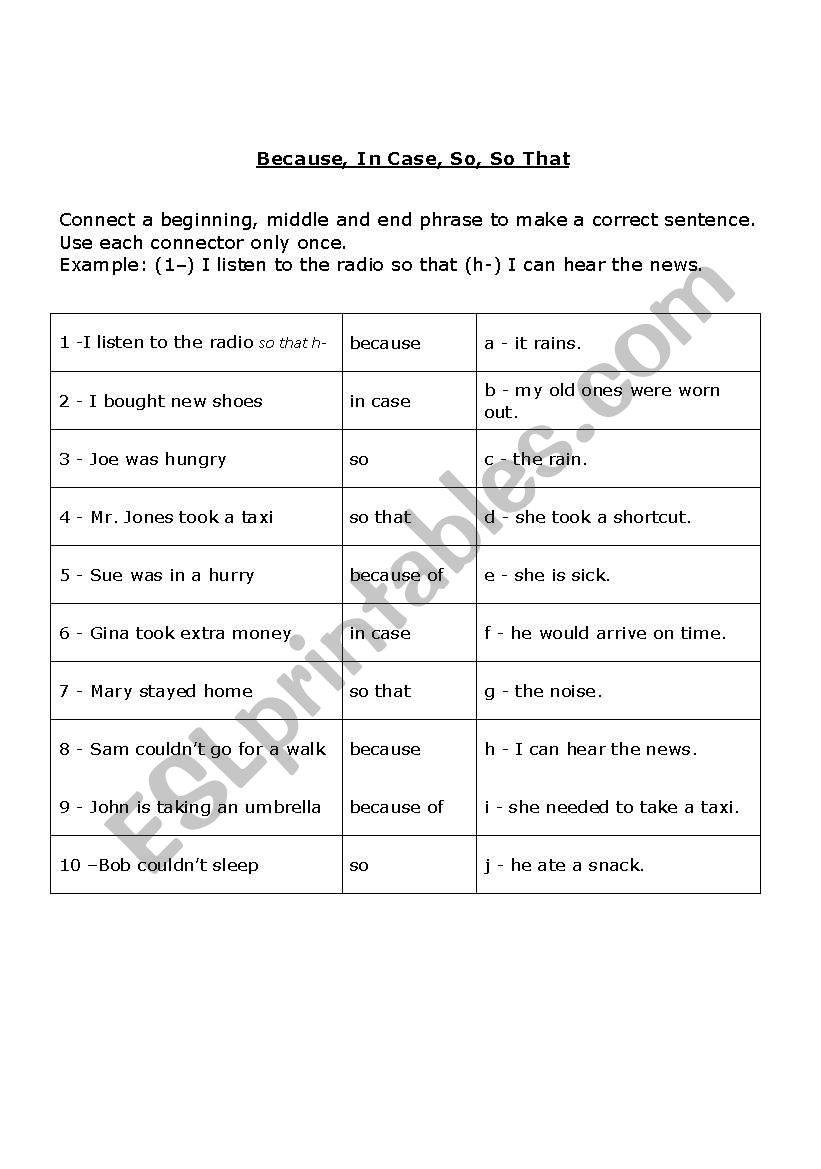 Because, In Case, So, So That worksheet Because, In Case, So, So That worksheet