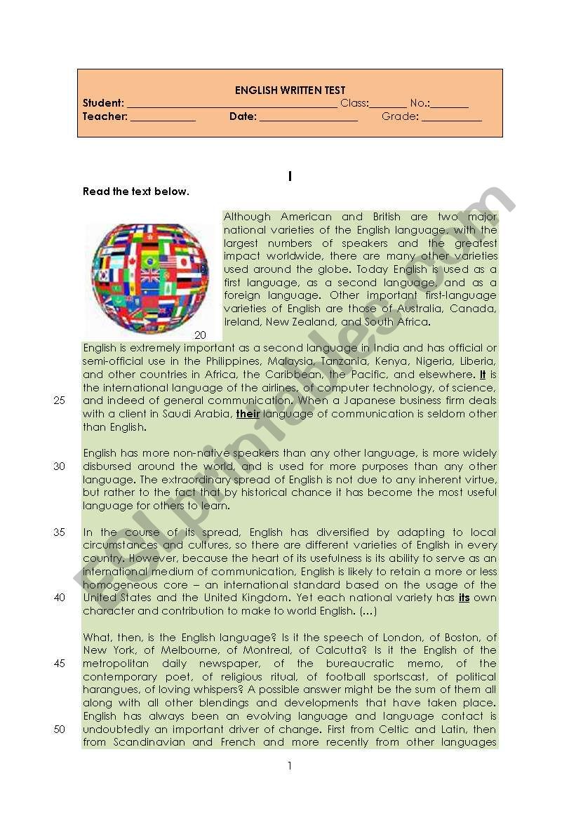 English in the World worksheet