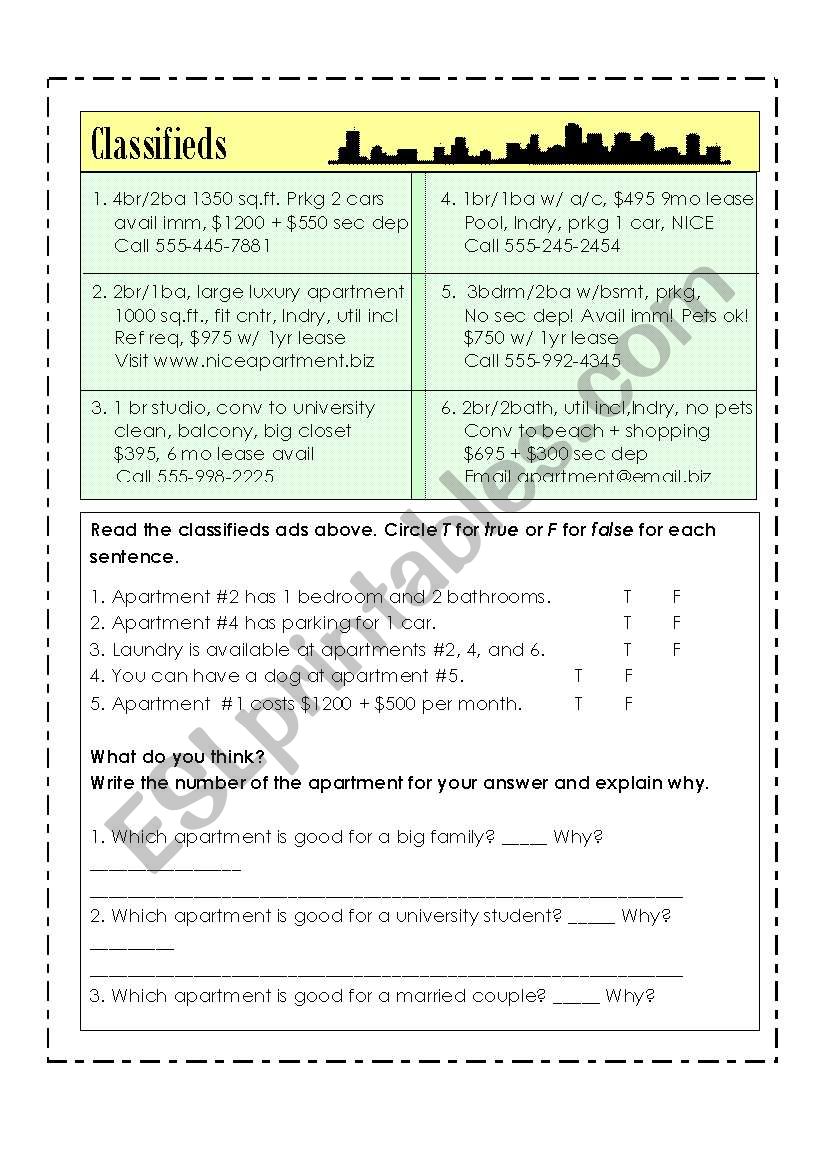 Apartment Classifieds worksheet