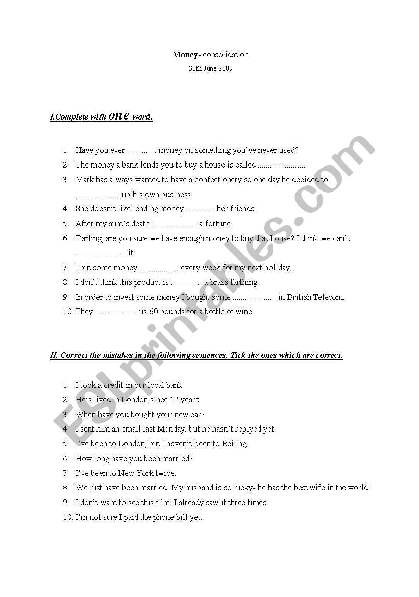 Money- consolidation activity worksheet