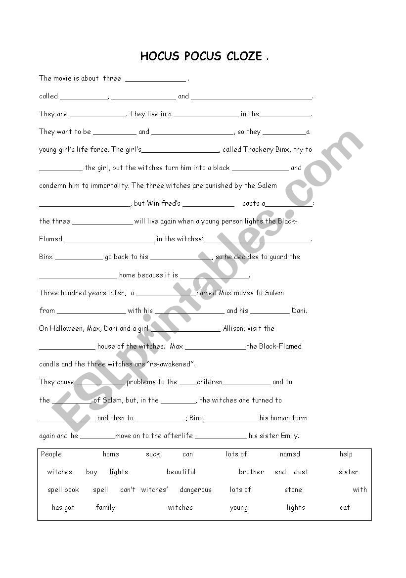 Hocus Pocus cloze worksheet