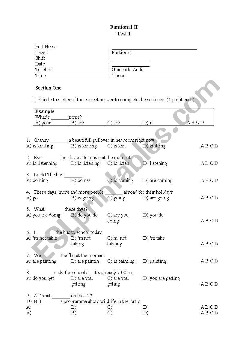 Present Continuous Worksheet worksheet