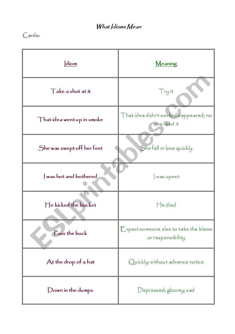 Idioms - Game and Exercises worksheet