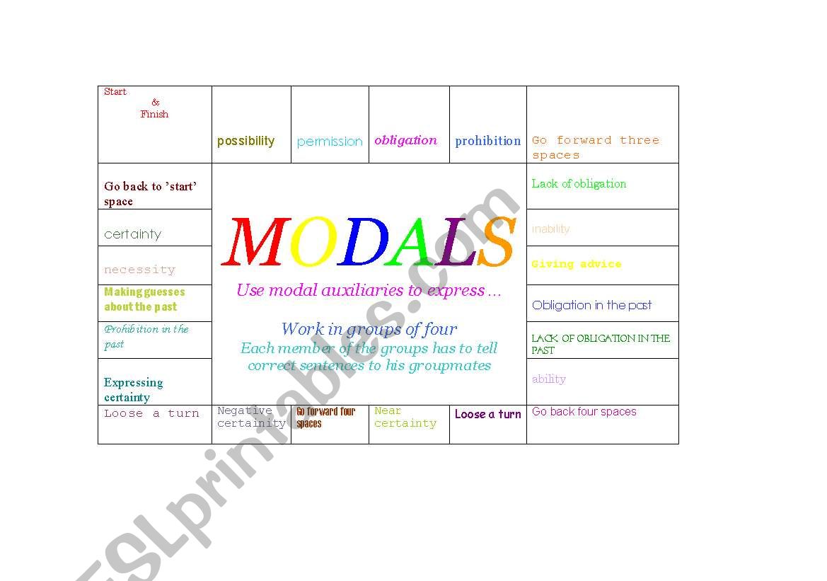 Modal board game worksheet