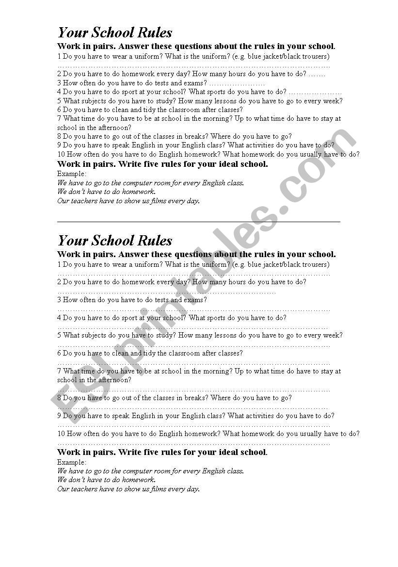 School rules worksheet