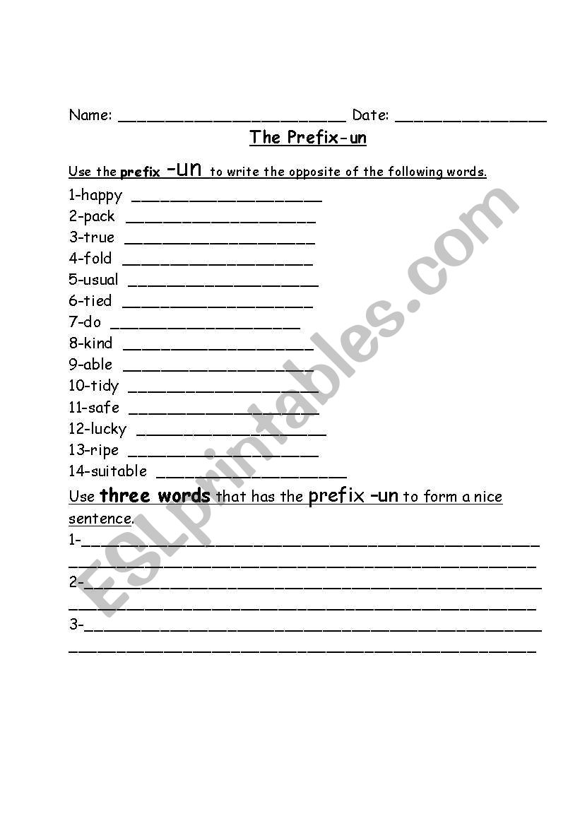 The prefix -un worksheet