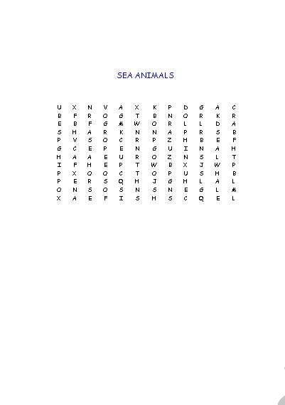 Sea animals word search worksheet