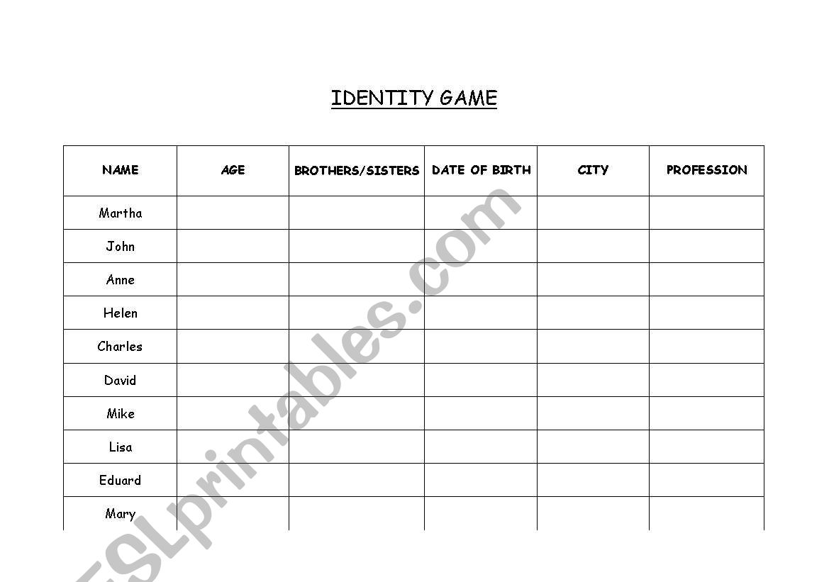 Identity game worksheet