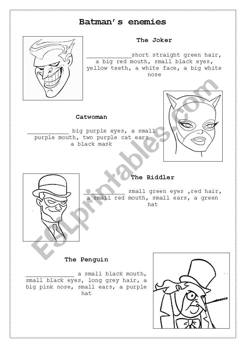 Batmans enemies worksheet