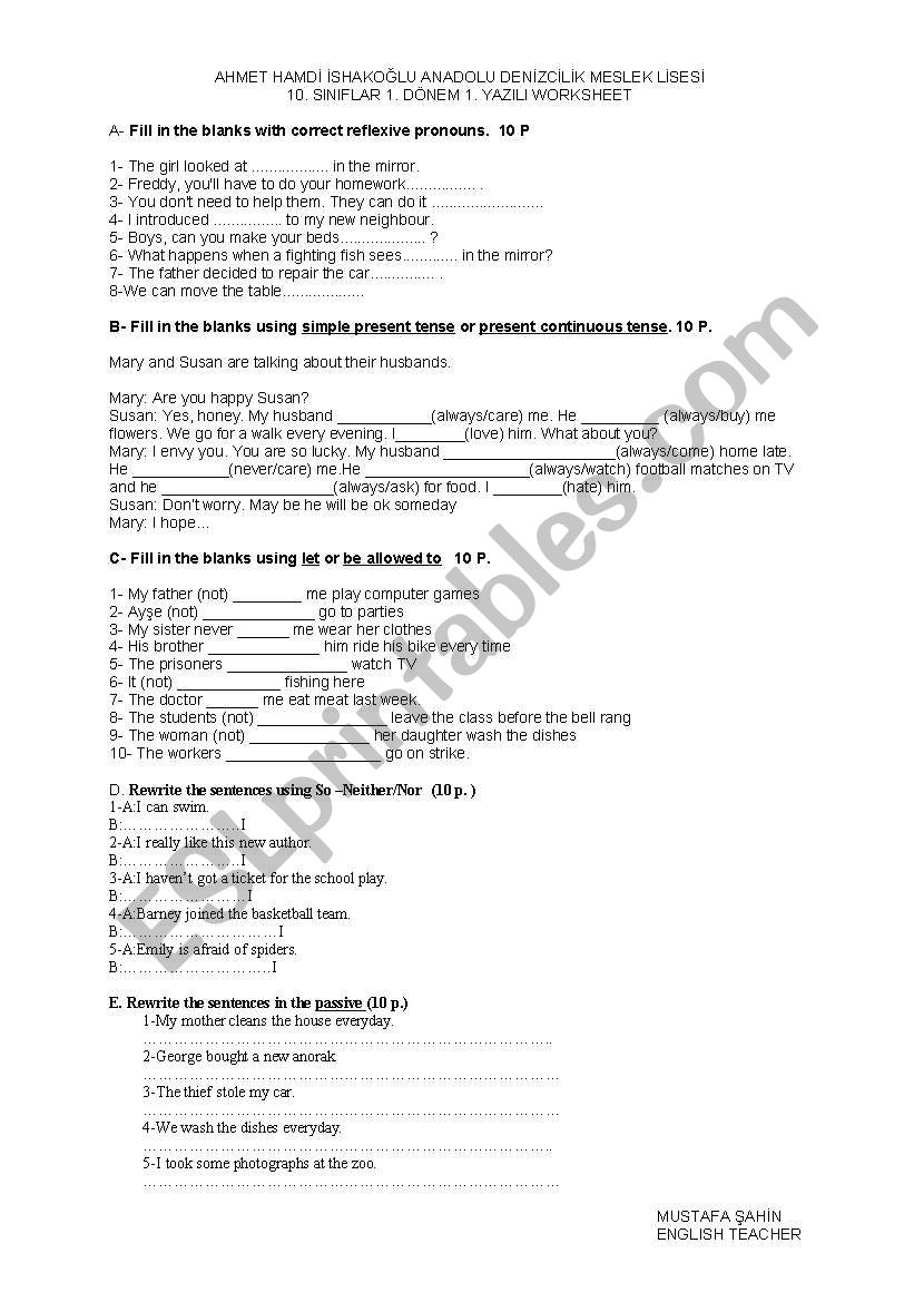 worksheet for tenses/so-neither,nor/passive voice