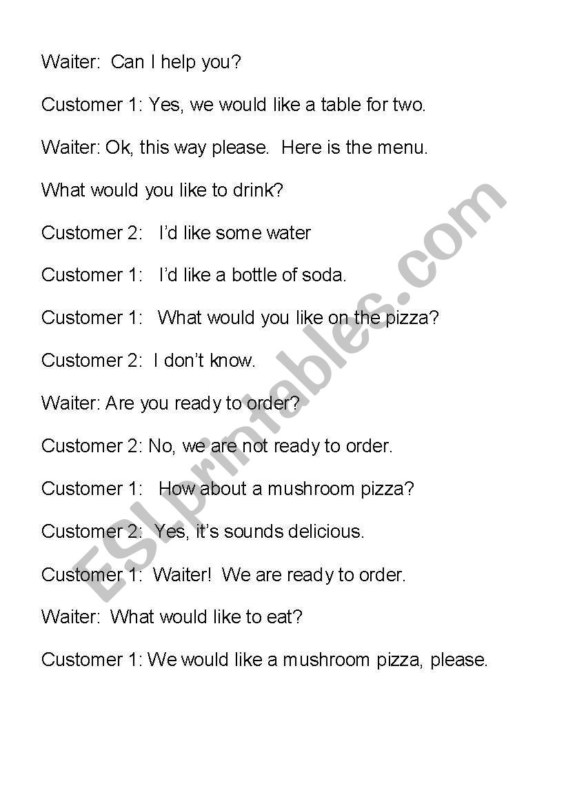 restaurant worksheet